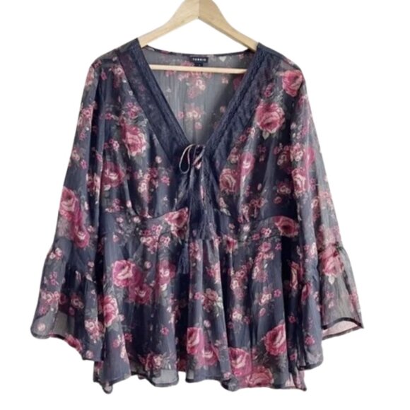 Black Torrid Chiffon Blouse Sheer Babydoll Lurex Crochet Boho Red Floral… - Picture 11 of 11